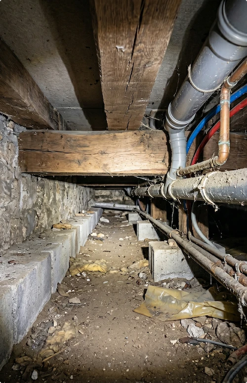Vide sanitaire avec poutre et canalisation pour isolation des planchers bas