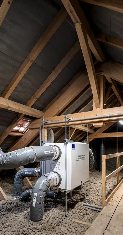 Pose d'un caisson de VMC dans les combles perdus d'une maison