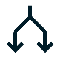 Pictogramme noir d'une flèche se divisant en deux vers le bas, symbolisant la distribution ou la séparation des flux.